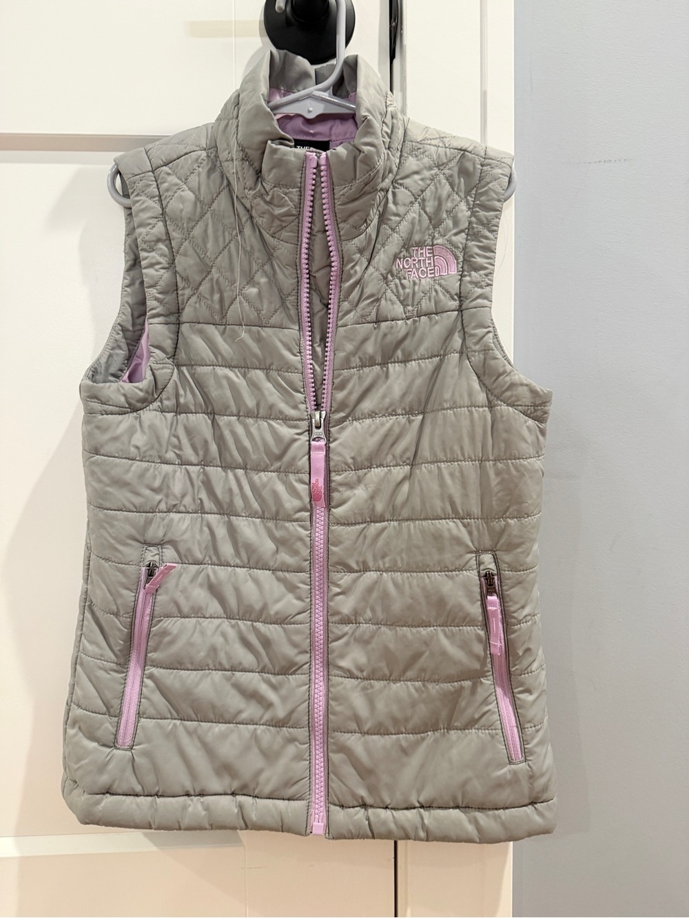 The North Face Quilted Light Gray Vest with Pink Trim